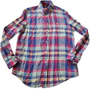 Ralph Lauren 100% Linen Madras Plaid Shirt Long Sleeve Mens Medium